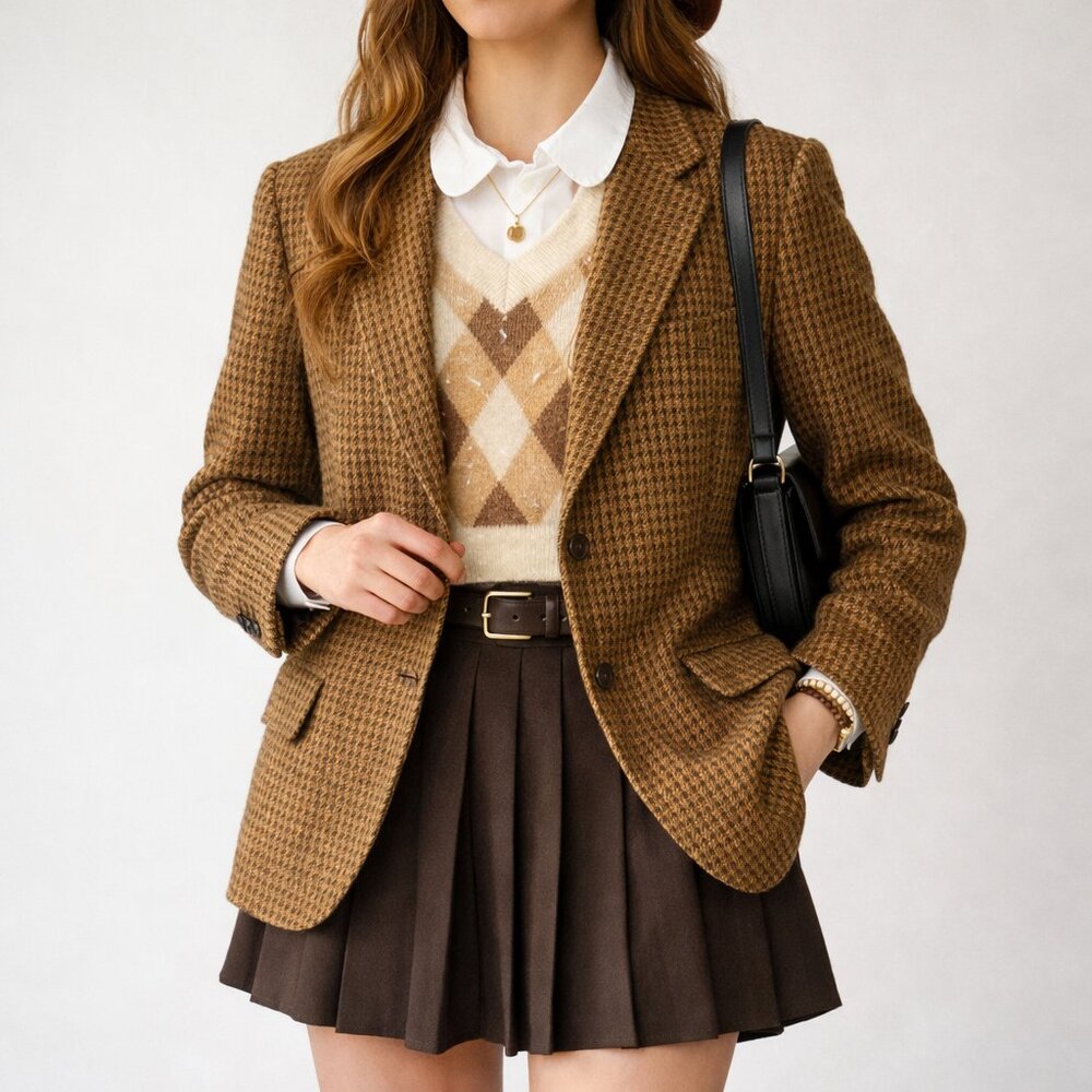 Vintage 1960s 1970s Houndstooth Blazer Oversized Academia Jacket - Medium